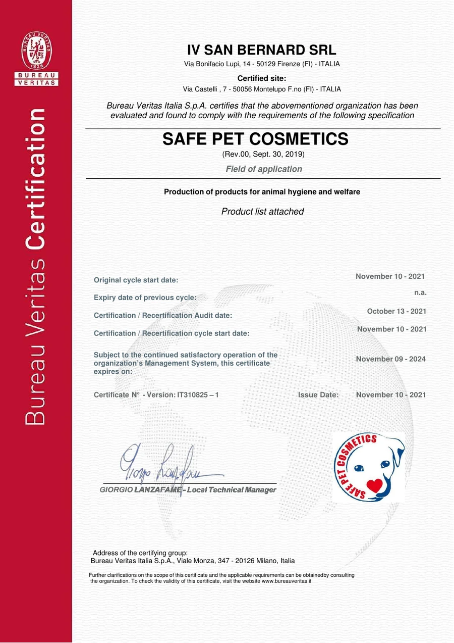 Bureau Veritas Safe Pet Cosmetics certificate issued to Iv San Bernard, with validity dates November 10, 2021 to November 9, 2024